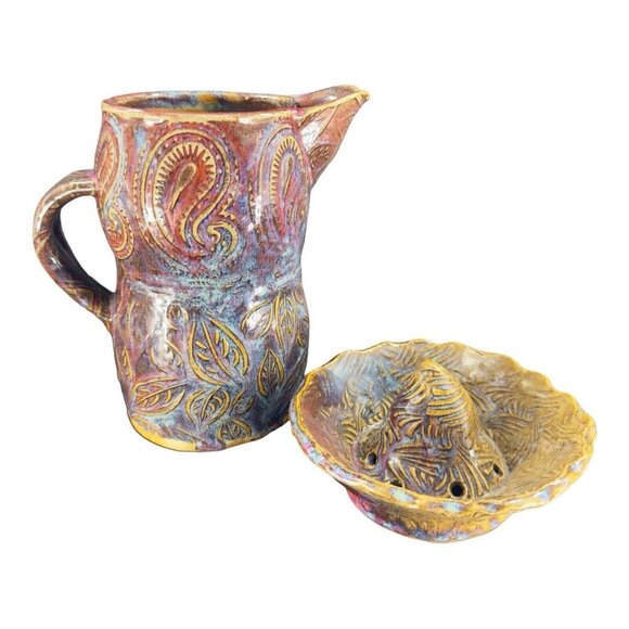 Hand Made Primitive Studio Art Pottery Pitcher With Juice Rimmer Stackable VTG - Picture 4 of 16